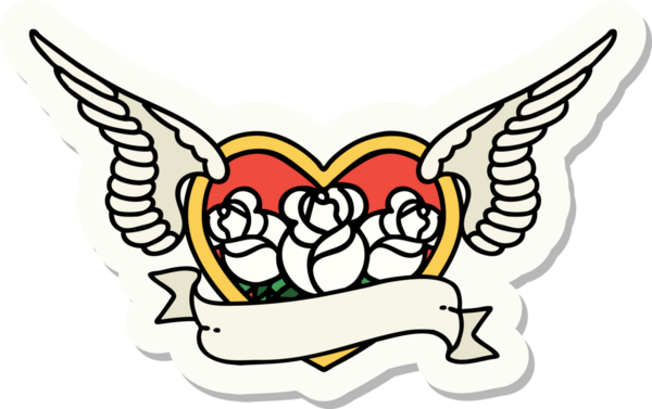 Geleneksel bir dövme stili. Uçan kalp. Çiçekler ve bir insan tarafından çizilmiş bayrak.