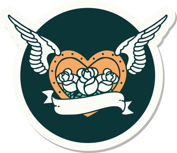 Geleneksel bir dövme stili. Uçan kalp. Çiçekler ve bir insan tarafından çizilmiş bayrak.