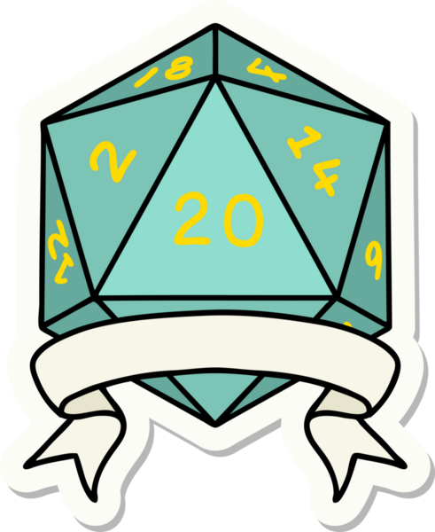Bir insan tarafından çizilmiş 20 kritik vuruşluk D20 zar etiketi.