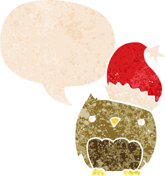 Bir insan tarafından çizilmiş grunge sıkıntılı retro stili konuşma baloncuğu ile sevimli noel baykuşu