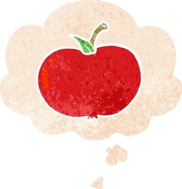 Düşünce baloncuklu çizgi film elması grunge sıkıntılı retro desenli bir insan tarafından çizilmiş