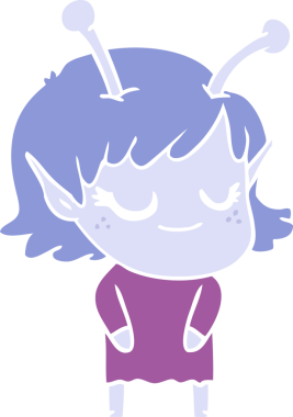 Gülümseyen uzaylı kız düz renkli çizgi film bir insan tarafından çizildi.