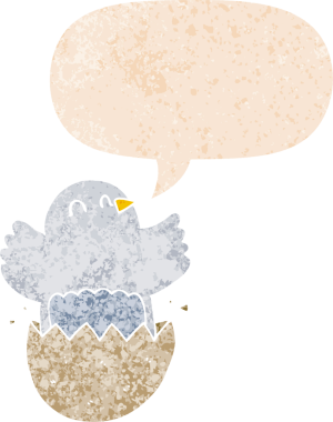 Çizgi film kuluçkaya yatmış, konuşma baloncuğu içinde, bir insan tarafından çizilmiş, sıkıntılı, eski moda bir tavuk.