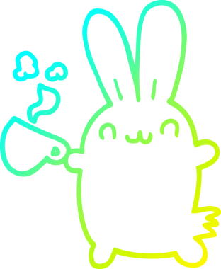 Bir insanın çizdiği kahveyi içen sevimli bir tavşanın soğuk çizgi çizimi.