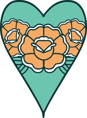 Bir insan tarafından çizilmiş kalp ve çiçeklerin ikonik dövme şekli