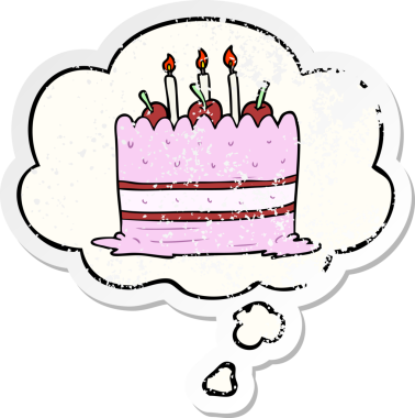 Düşünce baloncuğu olan çizgi film pastası, bir insan tarafından çizilmiş yıpranmış bir çıkartma gibi.