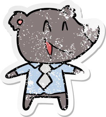 Bir insan tarafından çizilmiş gömlek ve kravatlı çizgi film ayısının sıkıntılı çıkartması.