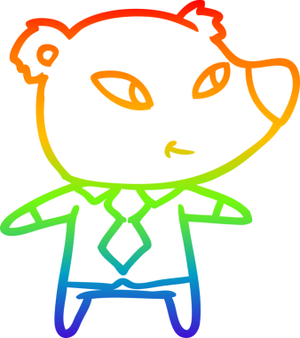 Gökkuşağı gradyan çizgisi. Bir insan tarafından çizilmiş ofis kıyafetleri içinde şirin bir ayının çizimi.