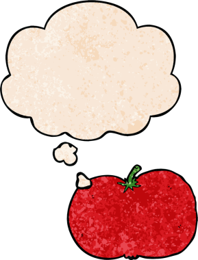 Düşünce baloncuklu çizgi film domatesi. Bir insan tarafından çizilmiş grunge desen tarzı.