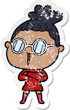 Bir insan tarafından çizilmiş gözlük takan karikatürlü bir kadının sıkıntılı çıkartması.