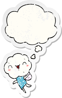 Düşünce baloncuğu olan tatlı bir çizgi film yaratığı insan tarafından çizilmiş yıpranmış bir çıkartma.