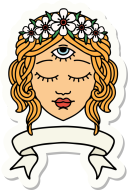 Dövme stili çıkartma, kadın yüzü pankartı, üçüncü göz ve bir insan tarafından çizilmiş çiçek taçı.