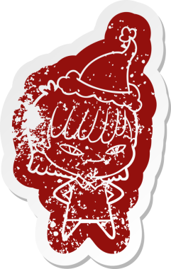 Bir insan tarafından çizilmiş Noel Baba şapkası giyen bir kadının garip bir karikatürü.