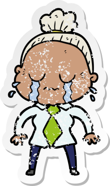 Bir insan tarafından çizilmiş, ağlayan yaşlı bir kadın karikatürü.