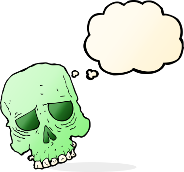 Bir insan tarafından çizilmiş düşünce baloncuklu garip kafatası.