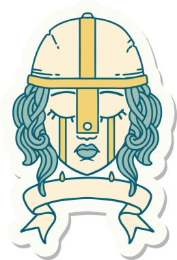 Ağlayan bir insan savaşçı karakterinin çıkartması. Bir insan tarafından çizilmiş pankartıyla.