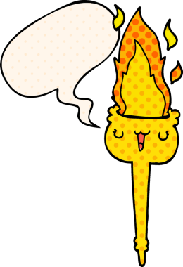 Bir insan tarafından çizilmiş çizgi roman tarzında konuşma baloncuğu ile yanan çizgi film meşalesi