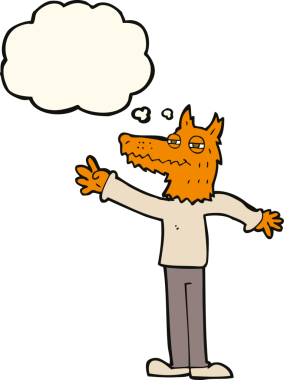 Bir insan tarafından çizilmiş düşünce balonlu tilki sallayan çizgi film.