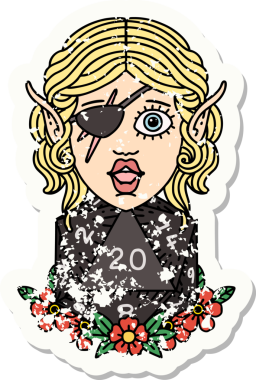 Bir insan tarafından çizilmiş doğal yirmi zarlı, düzenbaz bir elf karakterinin grunge çıkartması.