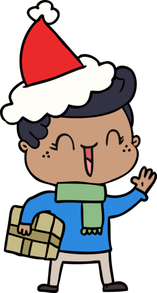 Bir insan tarafından çizilmiş Noel Baba şapkası takan gülen bir çocuğun el çizimi.