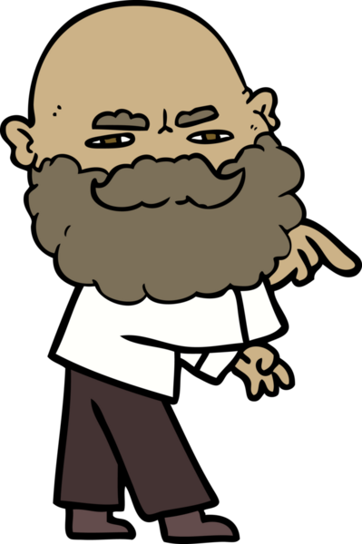 Bir insan tarafından çizilen ve kaşlarını çatan sakallı bir çizgi film adamı.