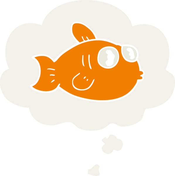 Düşünce baloncuklu çizgi film balığı insan tarafından çizilmiş.