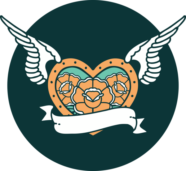 Bir insan tarafından çizilmiş çiçek ve bayrak ile uçan bir kalbin ikonik dövme görüntüsü