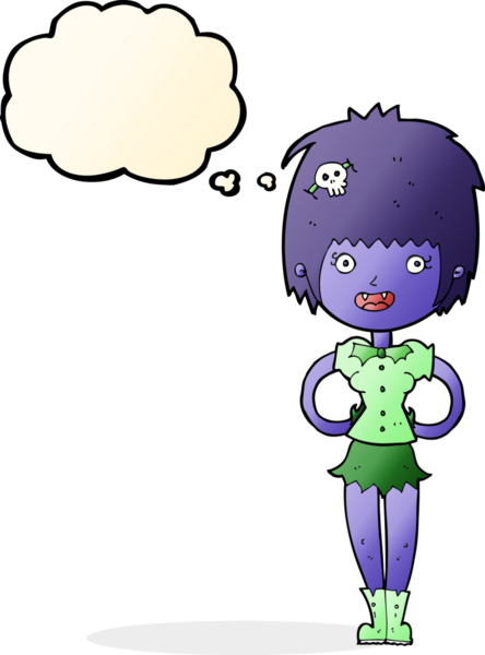 Bir insan tarafından çizilmiş düşünce balonlu mutlu vampir kız çizgi filmi.