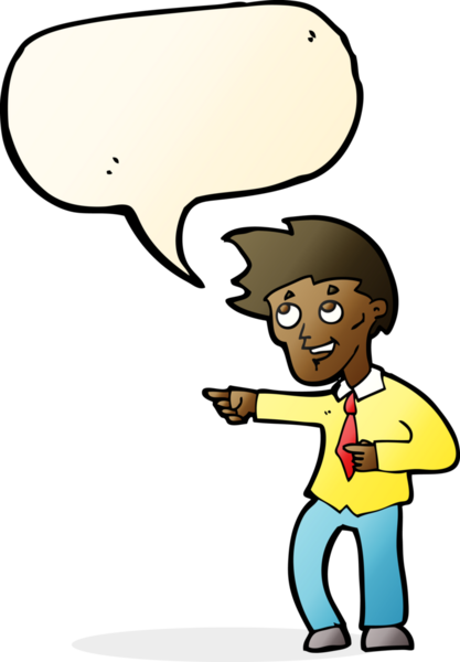 Bir insan tarafından çizilmiş bir konuşma balonuyla işaret eden komik ofis adamı.