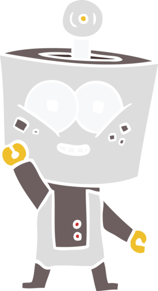 Mutlu düz renkli çizgi film robotu bir insan tarafından çizilmiş merhaba diyor.