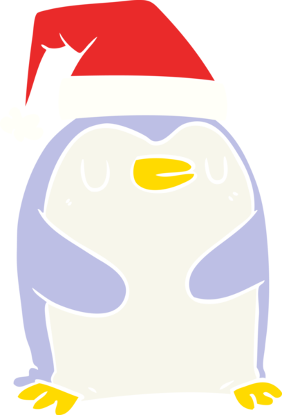 Bir insan tarafından çizilmiş bir noel şapkası giyen düz renkli penguen.