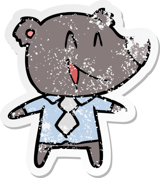 Bir insan tarafından çizilmiş gömlek ve kravatlı çizgi film ayısının sıkıntılı çıkartması.