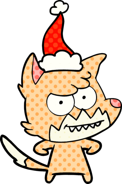 Bir insan tarafından çizilmiş Noel Baba şapkası giymiş bir tilkinin el çizimi çizgi roman tarzı çizimi.