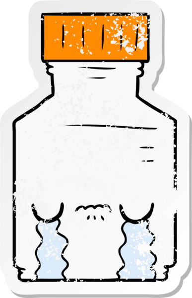 Bir insan tarafından çizilmiş karikatür hap kavanozunun sıkıntılı çıkartması.