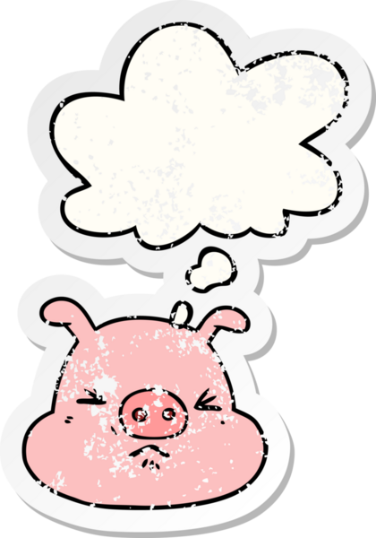 Düşünce baloncuklu kızgın domuz suratlı karikatür insan tarafından çizilmiş yıpranmış bir çıkartma gibi.