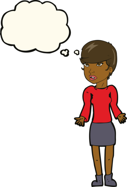 Bir insan tarafından çizilmiş düşünce baloncuğu olan kafası karışık bir kadın çizgi filmi.