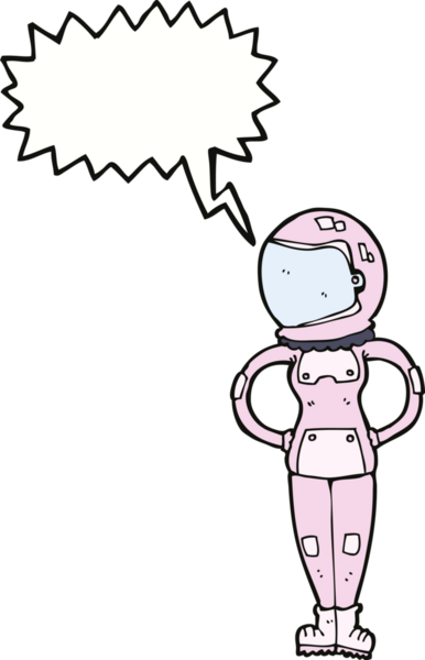 Bir insan tarafından çizilmiş konuşma balonu olan kadın astronot.