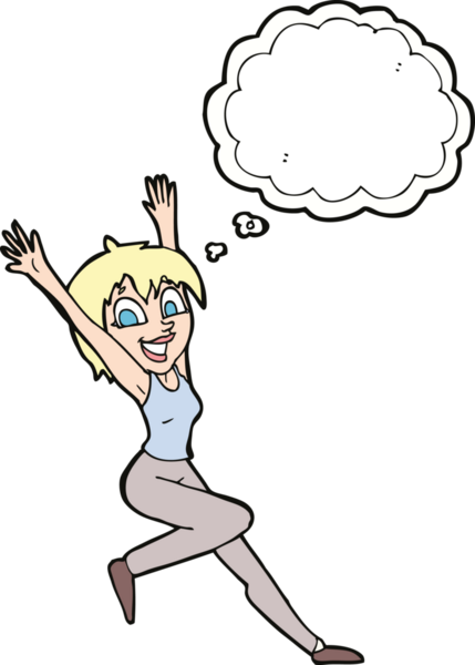 Bir insan tarafından çizilmiş düşünce baloncuğu olan heyecanlı bir kadın.