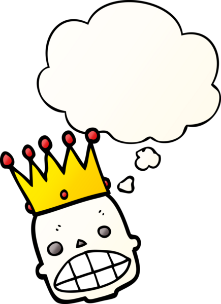 Bir insan tarafından çizilmiş, düşünce baloncuğu şeklinde taçlı, karikatürlü, ürkütücü kafatası yüzlü.