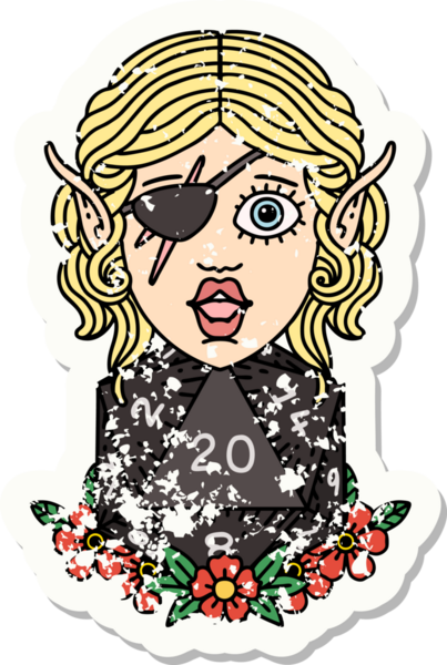 Bir insan tarafından çizilmiş doğal yirmi zarlı, düzenbaz bir elf karakterinin grunge çıkartması.