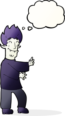 Bir insan tarafından çizilmiş düşünce baloncuğu olan heyecanlı bir vampir.