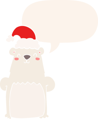 Bir insan tarafından çizilmiş eski moda konuşma baloncuklu Noel şapkası takan çizgi film ayısı.