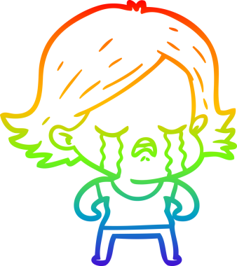 Gökkuşağı gradyan çizimi bir insan tarafından çizilmiş ağlayan bir çizgi kız çizimi