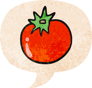 grunge 'da konuşma baloncuğu olan çizgi film domatesleri bir insan tarafından çizilmiş sıkıntılı retro dokuma tarzı