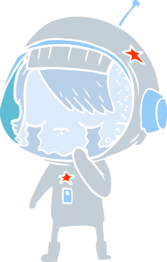 Düz renkli çizgi film ağlayan astronot kız bir insan tarafından çizilmiş.