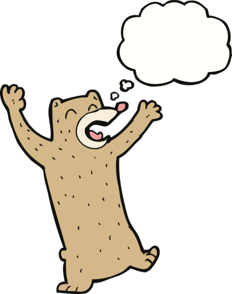 Bir insan tarafından çizilmiş düşünce baloncuklu çizgi film ayısı.