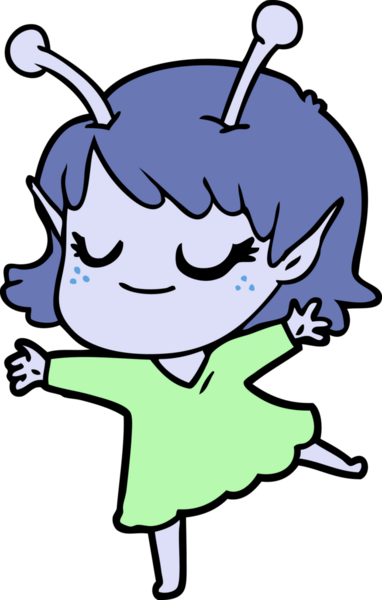 Bir insan tarafından çizilmiş gülümseyen uzaylı kız çizgi filmi.