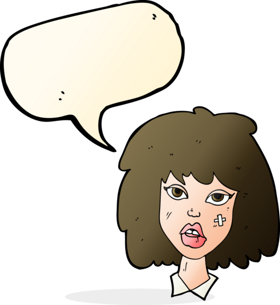 Bir insan tarafından çizilmiş, yüzü morarmış bir karikatür kadın.