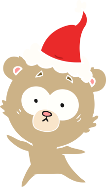 Endişeli ayı eli düz renk çizimi. Bir insan tarafından çizilmiş Noel Baba şapkası.