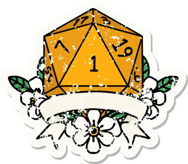 Bir insan tarafından çizilmiş doğal bir d20 zarının grunge çıkartması.